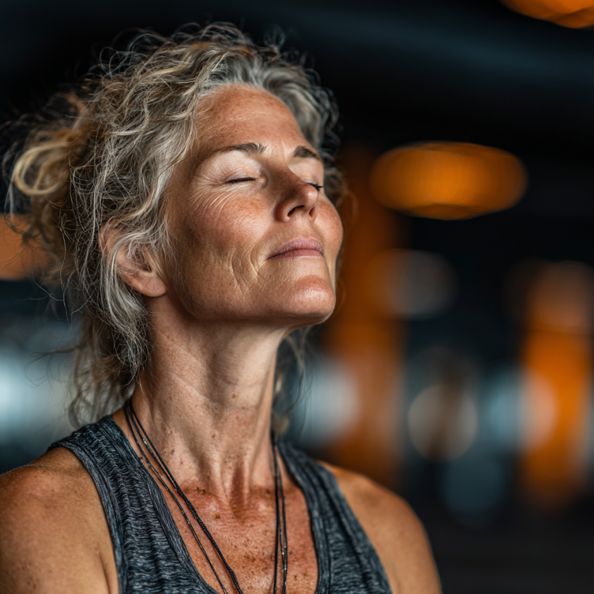 Літня жінка виконує вправи йоги на природі